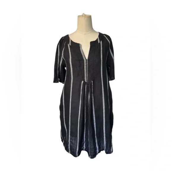 Miou Muse A Line Dress Womens Small Black White Striped Linen Pleated Split Neck - Picture 5 of 6
